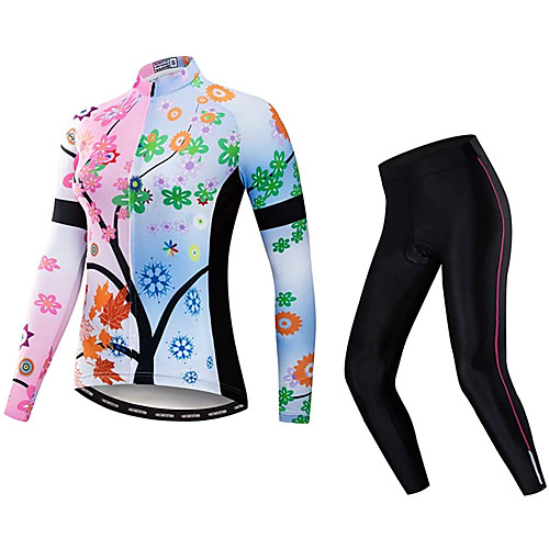 

21Grams Women's Long Sleeve Cycling Jersey with Tights Winter Fleece Pink Floral Bike Breathable Warm Quick Dry Sports Floral Mountain Bike MTB Road Bike Cycling Clothing Apparel / Stretchy