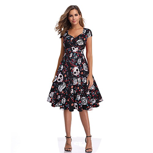 

Ball Gown Vintage Floral Homecoming Party Wear Dress V Neck Short Sleeve Knee Length Cotton with Pattern / Print 2021