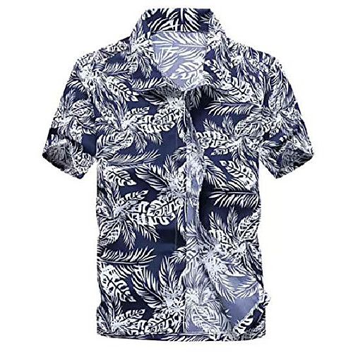 

mens hawaiian shirt - summer beach hawaiian shirts for men - tropical aloha button up shirt (blue leaves, large)