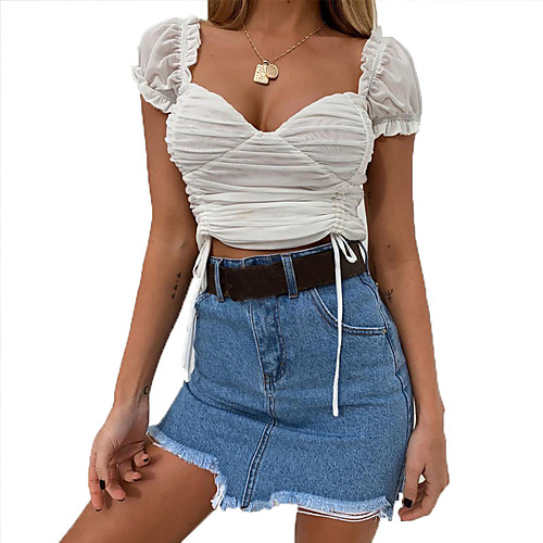 

Women's Crop Top Solid Colored Long Sleeve Pleated Mesh U Neck Tops Puff Sleeve Slim Sexy Streetwear Basic Top White