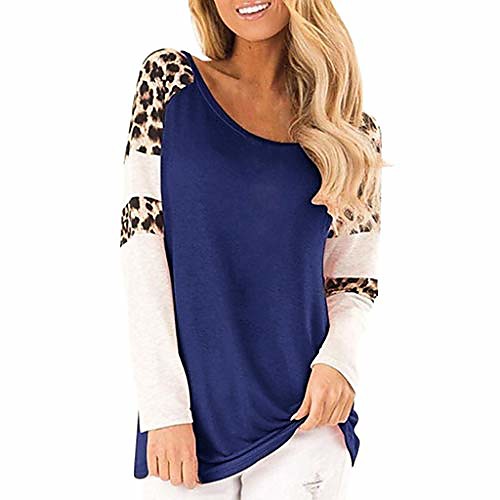 

women's casual v-neck leopard print pocket long-sleeve t-shirt slim top(4 blue,2xl)