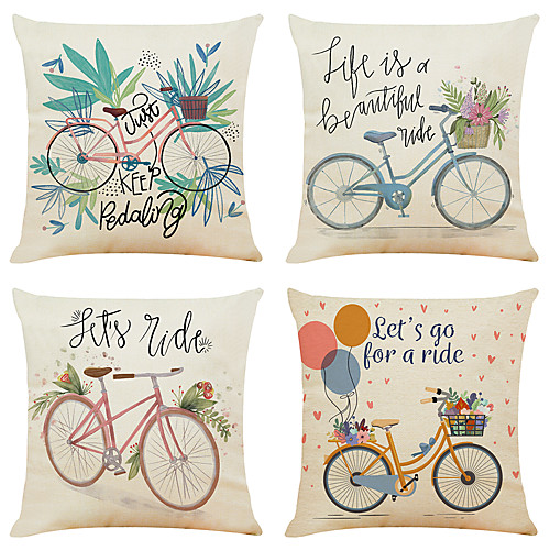 

Set of 4 Creative Bike Linen Square Decorative Throw Pillow Cases Sofa Cushion Covers 18x18