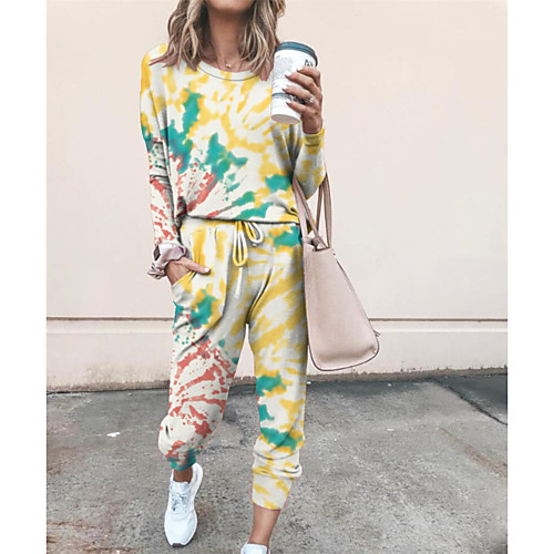 

Women's Basic Tie Dye Two Piece Set Hoodie Tracksuit Pant Drawstring Patchwork Tops