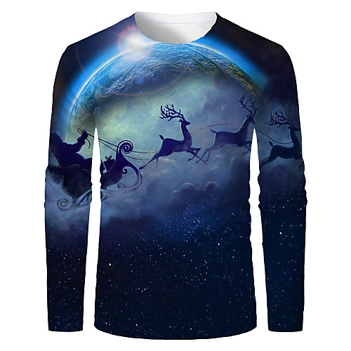 

Men's T shirt 3D Print Graphic 3D Animal Print Long Sleeve Christmas Tops Blue