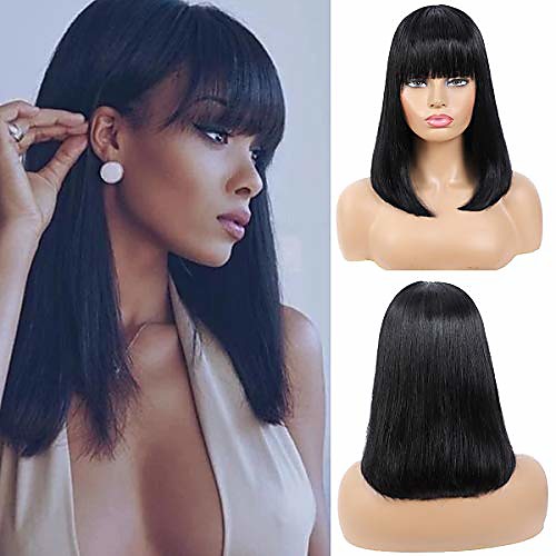 

short bob wigs with bangs brazilian straight synthetic wigs none lace machine made bob wigs for black women natural black