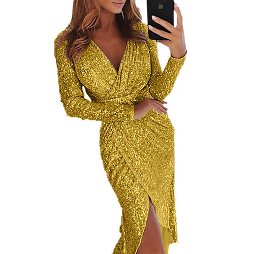 

Women's Swing Dress Maxi long Dress Black Blue Purple Blushing Pink Gold Green Silver Gray Long Sleeve Solid Color Sequins Patchwork Winter V Neck Elegant Sexy 2021 S M L XL XXL 3XL