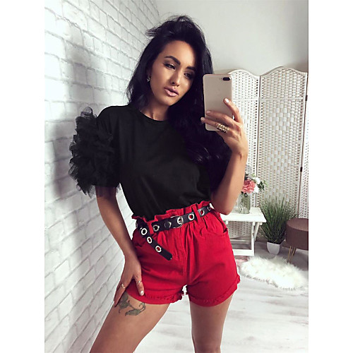 

Women's Blouse Shirt Solid Colored Mesh Patchwork Round Neck Tops Basic Basic Top Black Army Green Orange