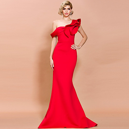 

Mermaid / Trumpet Elegant Sexy Prom Formal Evening Valentine's Day Dress One Shoulder Sleeveless Sweep / Brush Train Spandex with Ruffles 2021