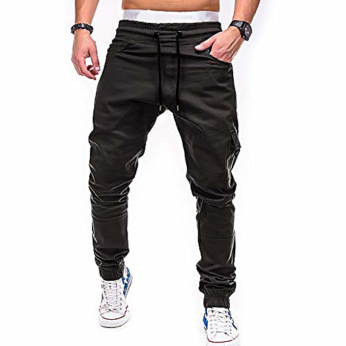 

men's joggers sweatpants casual outdoors solid color pocket work trouser cargo long pants with drawstring black