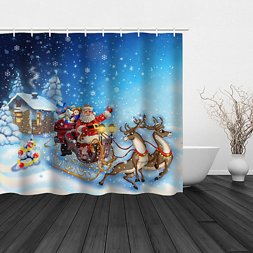 

Bathroom Shower Curtain And Hook Rainbow Classic Polyester Material Santa Claus And Elk Christmas Day