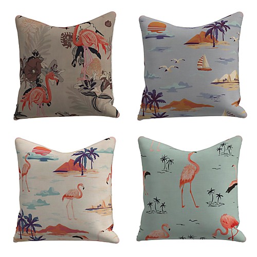 

Set of 4 Linen Cotton / Linen Pillow Cover Pillowcase Sofa Cushion Square Throw Pillow Landscape Flamingo Pillows Case 4545cm