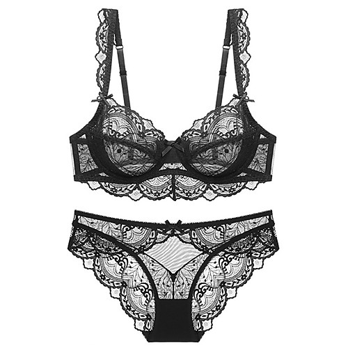 

Women's Underwire Bra 3/4 Cup Bra & Panty Set Embroidery Bowknot Black