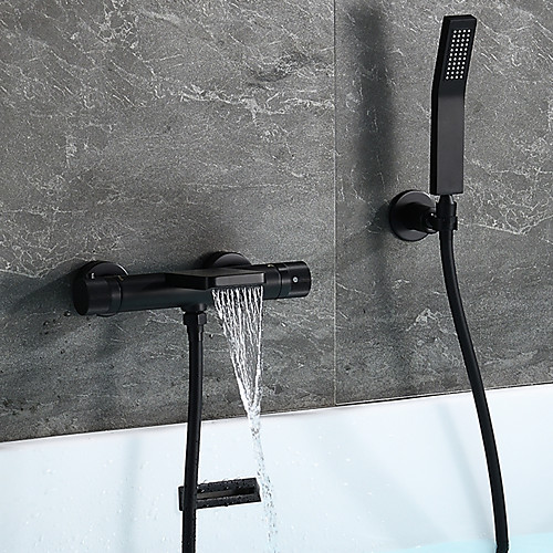 

Free Standing Bathtub Faucet,Black Two Handles Two Holes Painted Finishes,Rotatable Shower Seat Waterfull/Spray Bath Shower Mixer Taps with Hot and Cold Water