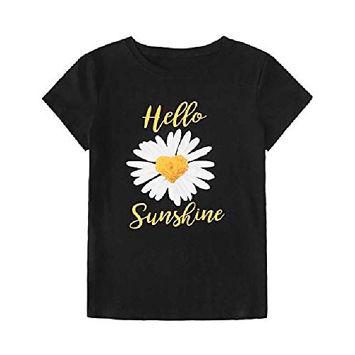 

women's cute tee daisy printed floral print short sleeve tee shirts tshirt top black m