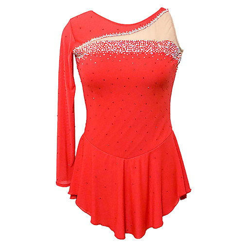 

Figure Skating Dress Women's Girls' Ice Skating Dress Red Spandex High Elasticity Training Competition Skating Wear Solid Color Crystal / Rhinestone Long Sleeve Ice Skating Winter Sports Figure
