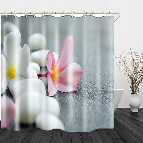 

White Pebbles Pink Flowers Digital Printing Shower Curtain Shower Curtains Hooks Modern Polyester New Design