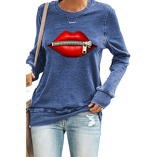 

Women's T shirt Chains Print Long Sleeve Round Neck Tops Basic Basic Top Black Blue Peach