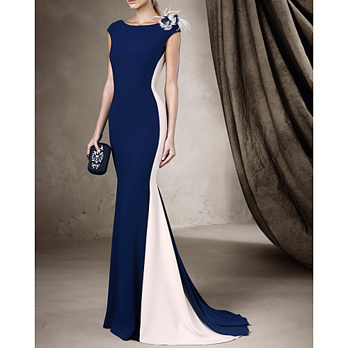 

Mermaid / Trumpet Beautiful Back Sexy Engagement Formal Evening Dress Boat Neck Sleeveless Court Train Spandex with Sleek 2021