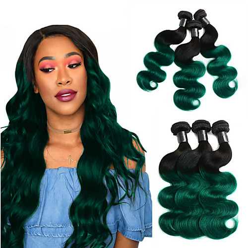 

3 Bundles Hair Weaves Brazilian Hair Straight Human Hair Extensions 100% Remy Hair Weave Bundles Ombre Hair Weaves / Hair Bulk Ombre 10-30 inch Green New Design Fashion Ombre Hair