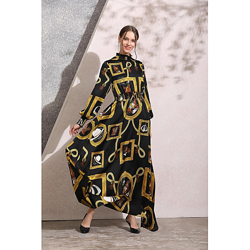 

Women's A Line Dress Maxi long Dress Black Long Sleeve Print Ruched Patchwork Print Fall Vintage Lantern Sleeve 2021 M L XL XXL
