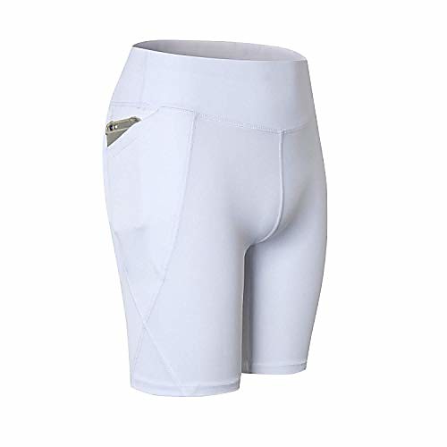 

women's high waist tummy control yoga shorts workout running bike compression exercise leggings with side pocket 2034-white-m