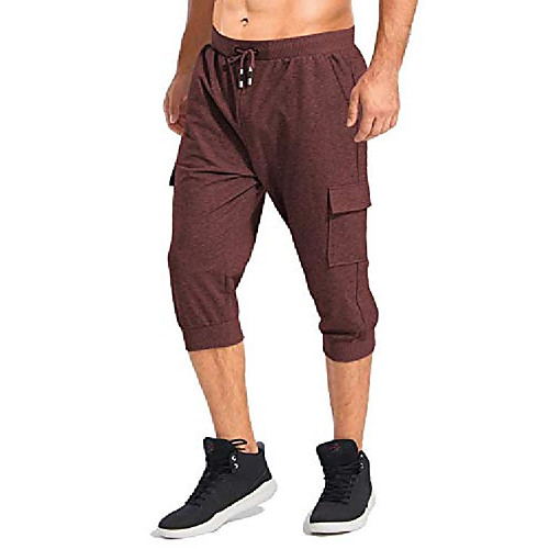 

men's 3/4 shorts workout jogger gym running exercise short pants with pockets wine red