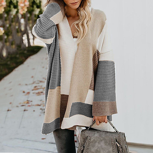 

Women's Basic Knitted Color Block Cardigan Long Sleeve Sweater Cardigans V Neck Fall Winter Black Wine Brown