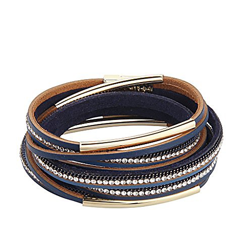 

layered leather bracelet for women - crystals metal tube wrap around bracelets- with magnetic clasp jewelry gifts navy blue