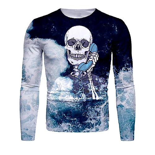 

Men's T shirt 3D Print Graphic 3D Skull Print Long Sleeve Halloween Tops Basic Black / White