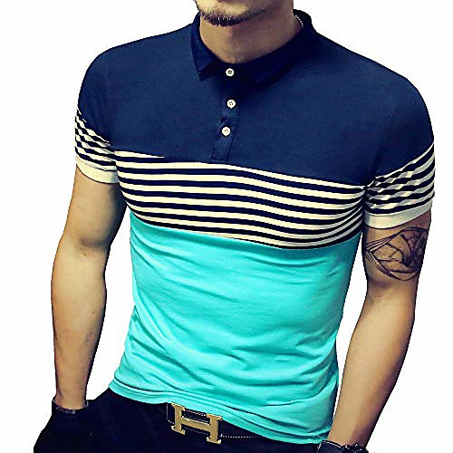 

mens summer slim fit tshirt contrast color stitching stripe short sleeve casual polo shirt