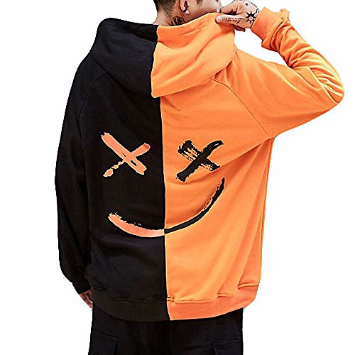 

men pullover hoodie sweater smile be happy print patchwork hip hop costume (xxxxl, orange)