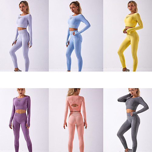 

Women's 2pcs Yoga Suit Winter Seamless Thumbhole Cut Out Black Purple Yellow Spandex Yoga Fitness Running Cropped Leggings Crop Top Clothing Suit Sport Activewear Tummy Control Butt Lift Breathable