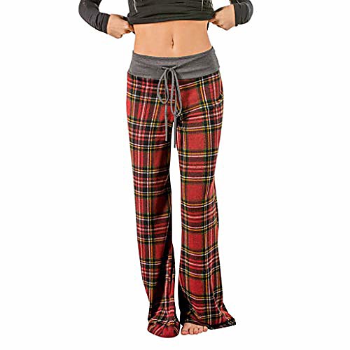

women's casual loose wide leg yoga pants high waisted flared bell bottom palazzo lounge pants plaid trousers (red, xx-large)