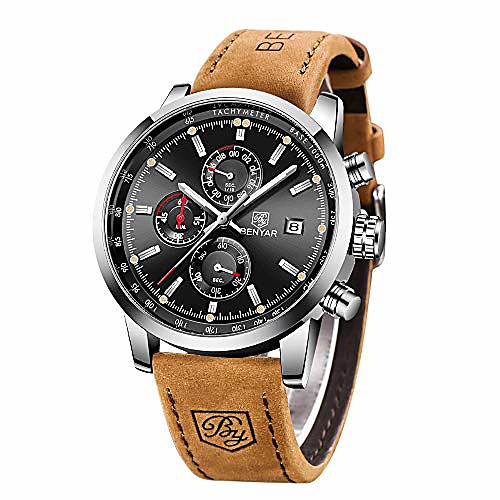 

benyar waterproof quartz men watch, fashionable chronograph analog water-resistant business brown leather watches
