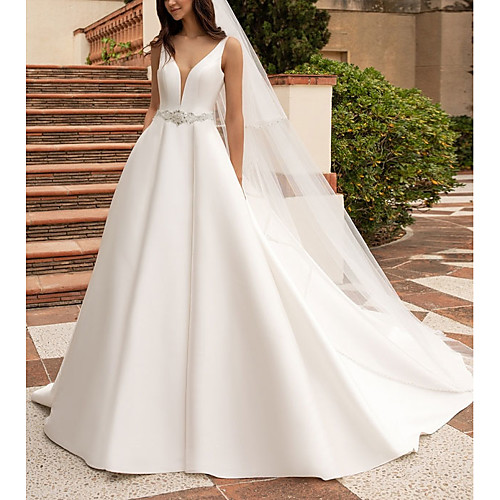 

A-Line Wedding Dresses V Neck Court Train Satin Regular Straps Plus Size with Sashes / Ribbons Buttons 2021