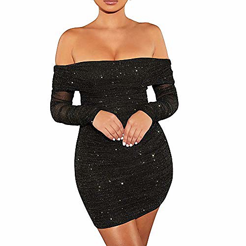 

women's sexy bodycon dress mesh long sleeve off shoulder mini dress clubwear black