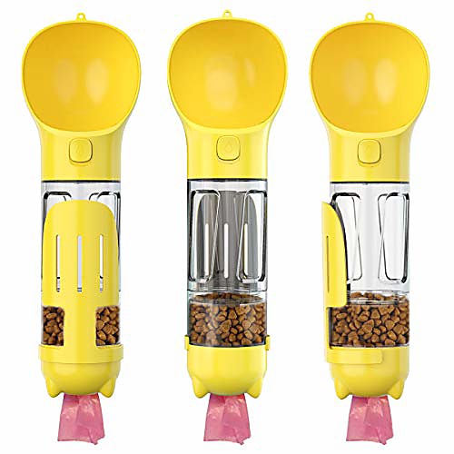 

2020new 4in1 portable dog travel bowl water bottles for walking integrates the four functions of dog water bottle dog food storage dooper scooper dog poop bags food grade bpa free(yellow).