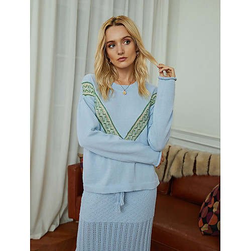 

Women's Basic 2 Piece Knitted Striped Sweater Long Sleeve Sweater Cardigans Crew Neck Round Neck Fall Winter Blue