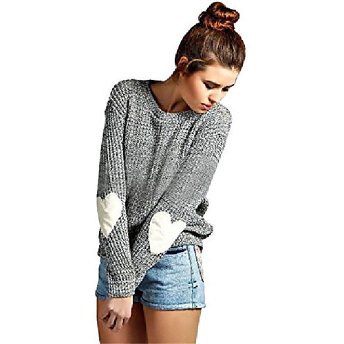 

women's cute heart pattern elbow patch long sleeve lightweight marled pullover sweater jumper top pink