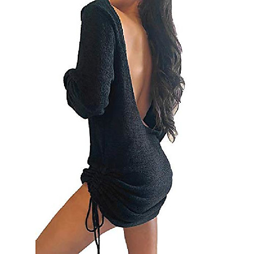 

women's backless drawstring side ruched knit sweater halter long sleeve loungewear black