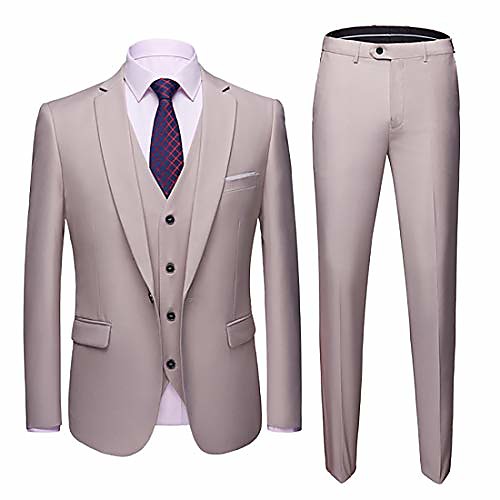 

men's 3 piece slim fit suit, one button blazer vest pants set, solid party wedding dress, jacket waistcoat and trousers with tie beige