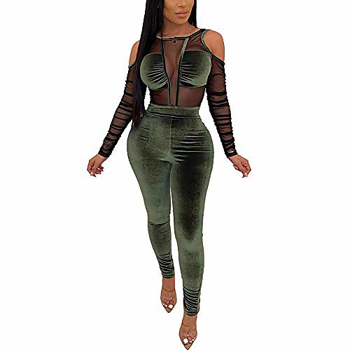 

rompers and jumpsuits for women - sexy jumpsuits for women clubwear bodycon bodysuit see through mesh long sleeve romper clubwear green
