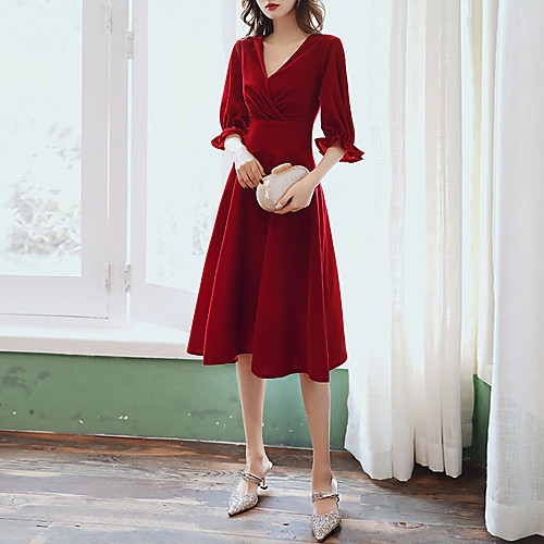 

A-Line Minimalist Elegant Homecoming Cocktail Party Dress V Neck Half Sleeve Knee Length Velvet with Pleats Ruffles 2021