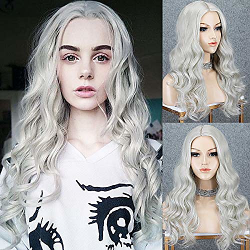 

ash platinum blonde wig heat resistant wavy synthetic wig with middle part long blonde wigs for women 18 inches