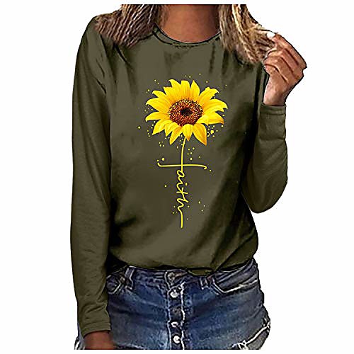 

graphic tees for women long sleeve funny sunflower faith print fall cute casual t shirt tops for teen girls junior (army green, s)