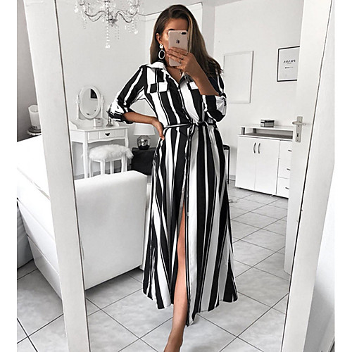 

Women's A Line Dress Midi Dress Black Long Sleeve Striped Split Patchwork Fall Spring Shirt Collar Formal Casual 2021 S M L XL XXL