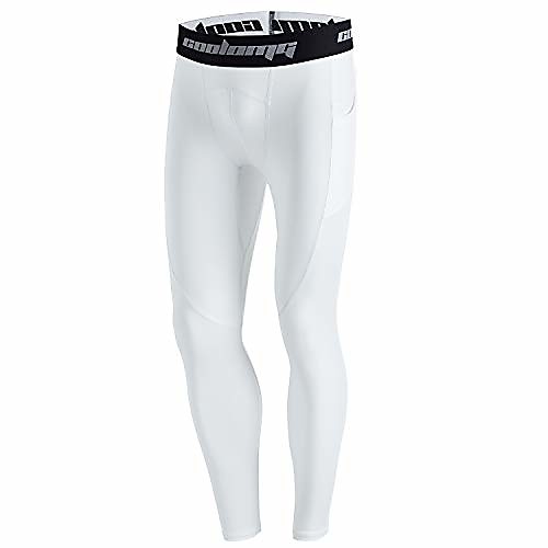 

youth compression pants workouts baselayer tights men boys basketball football leggings with side pockets white xl