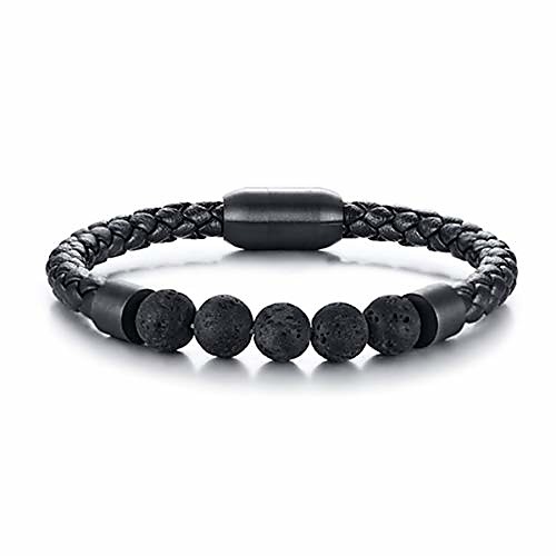 

mens bracelets leather and steel with natural stone beads and magnetic closure. pulseras para hombres mens beaded bracelet: tiger eye, lava rock or onyx beads (lava stone)