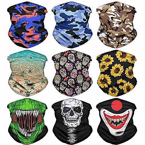 

set of 9 pieces magic scarf horror skull skeleton pattern headwear balaclavas for women men fashion riding cycling headbands sport hunting hiking seamless bandana -camouflage pattern