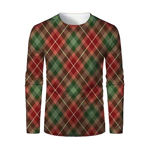

Men's T shirt 3D Print Plaid Graphic 3D Print Long Sleeve Christmas Tops Green / Red